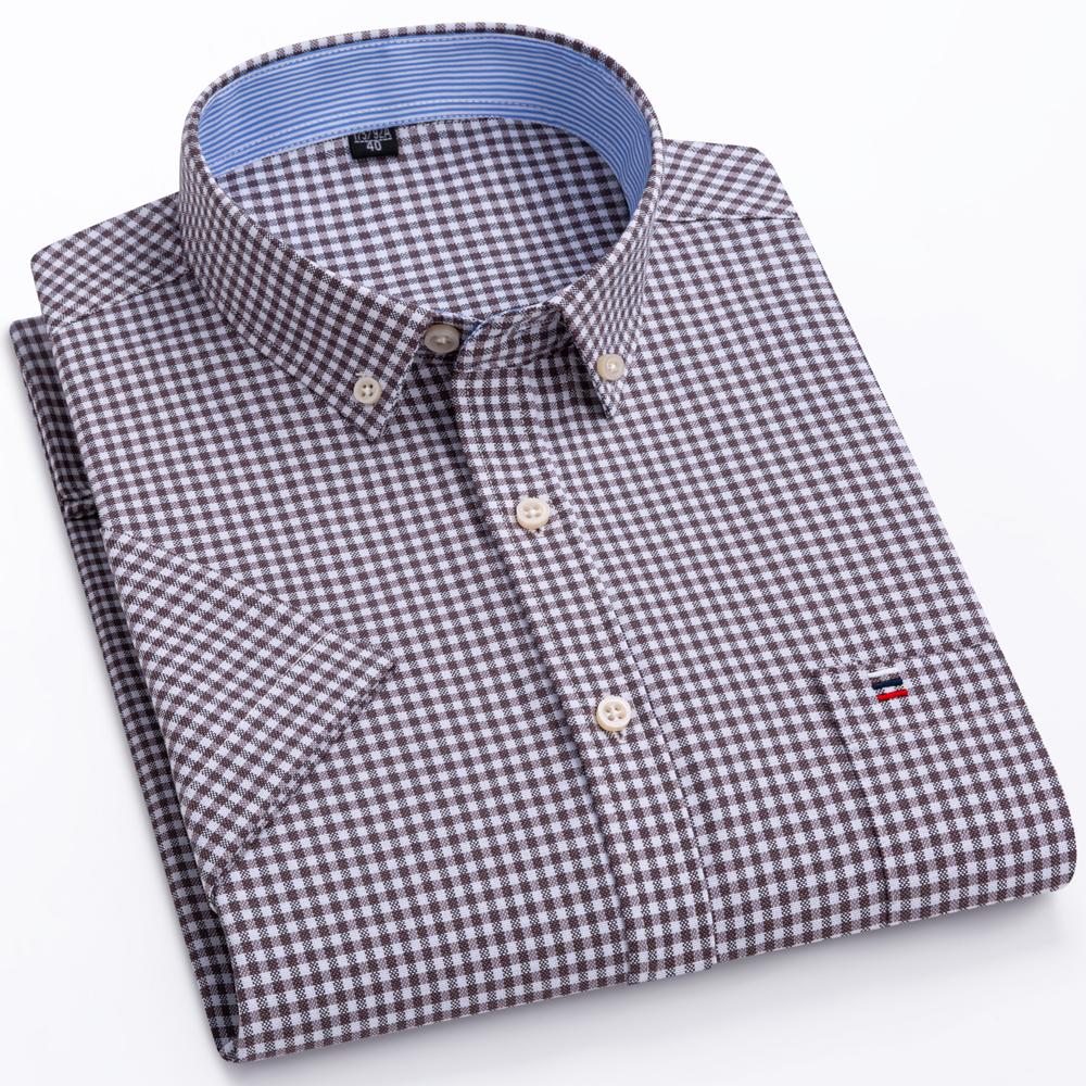 Herren 100% Baumwolle Mehrfarbig Kariert Oxford Hemden Kurzarm Regular Fit Kragen Freizeit Button-Down-Hemd mit Tasche