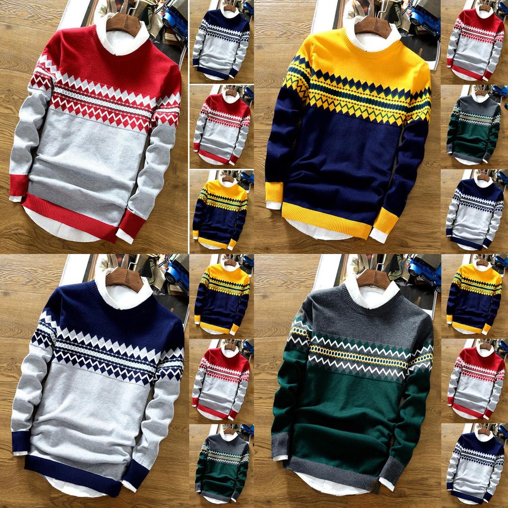 Men Slim Knit Color Block Sweater Crew Neck Jumper Top Winter Pullover Knitwear