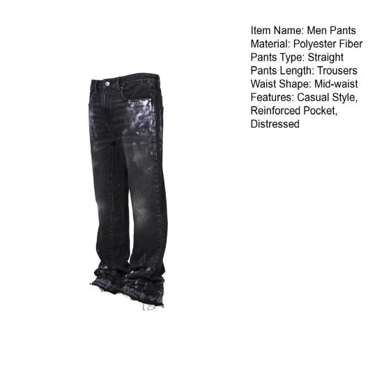 Men's Vintage Jeans Casual Straight Mid Waist Denim Pants Distressed Washed Trousers with Pockets for Streetwear Travel