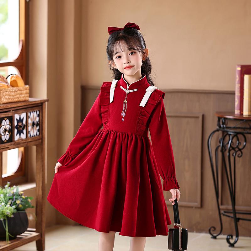 Girls' New Year Long-Sleeve Qipao: Children's Chinese-Style Autumn/Winter Dress 2026