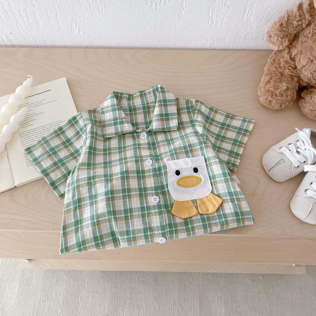 Summer Boys Plaid Short Sleeve Romper - Stylish Korean Style Crawling Suit for Infants