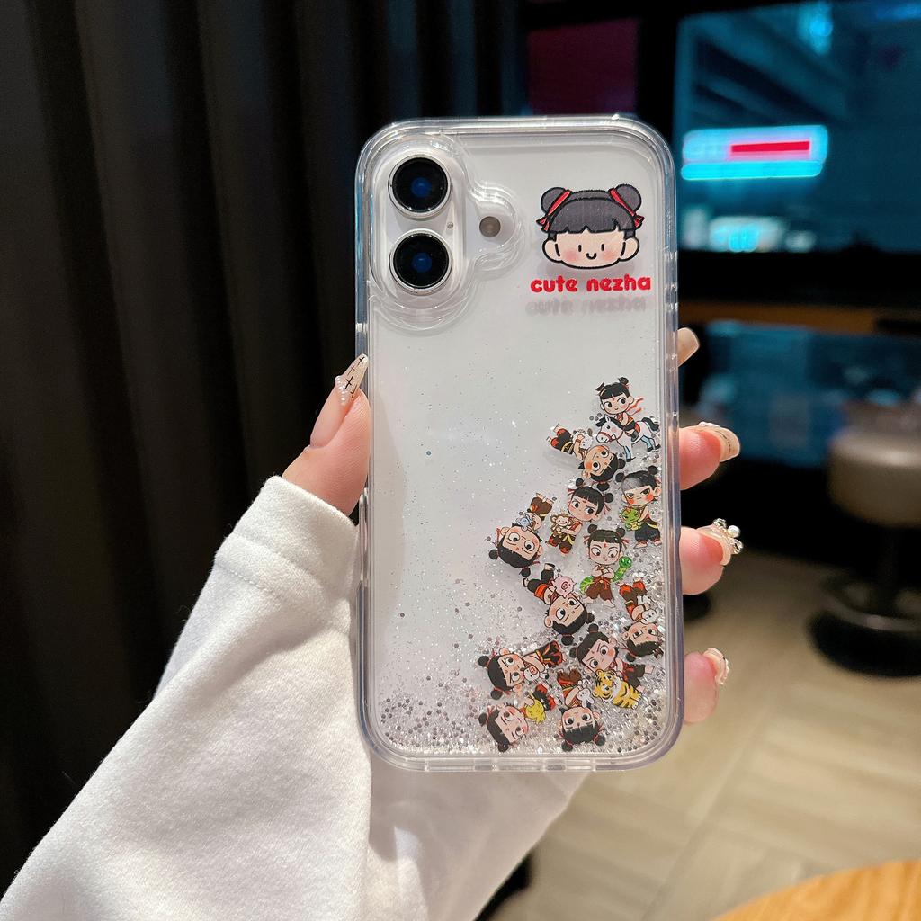 Applicable iPhone16Pro Quicksand Nezha Mobile Phone Case Internet Celebrity Cartoon Apple 15 Transparent Anti-drop 14 Protective Case