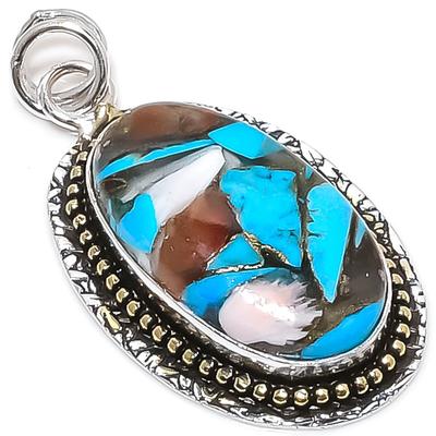 Natural Spiny Oyster Gemstone 925 Sterling Silver Two Tone Pendant 1.93" P9i71