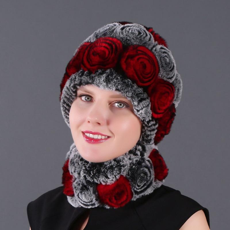 Rex Rabbit Rose Hat and Flower Scarf Set Specializing in the production of Rex Rabbit Scarf Hat Two-piece Adult Hat