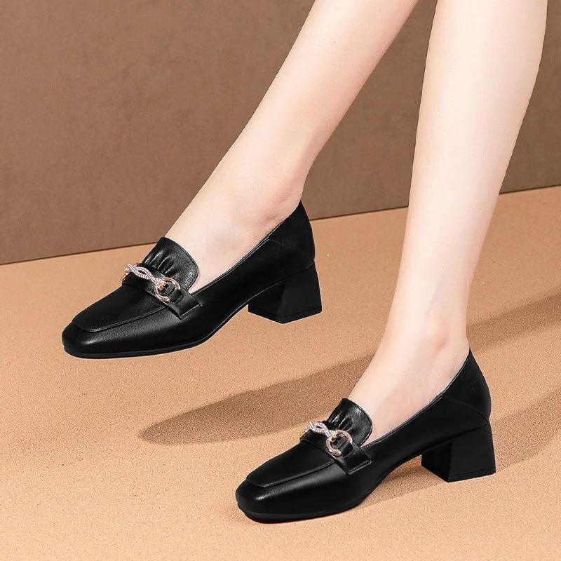 Pantofi cu toc înalt și gros din piele moale pentru femei, pantofi eleganti și confortabili, cu toc înalt și vârf pătrat, albi și negri