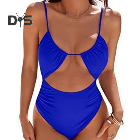 Women One-piece Swimsuit Sling High Waist Hollow Monokini Solid Color Quick Drying Elastic Fabric Beachwear with Chest Pad