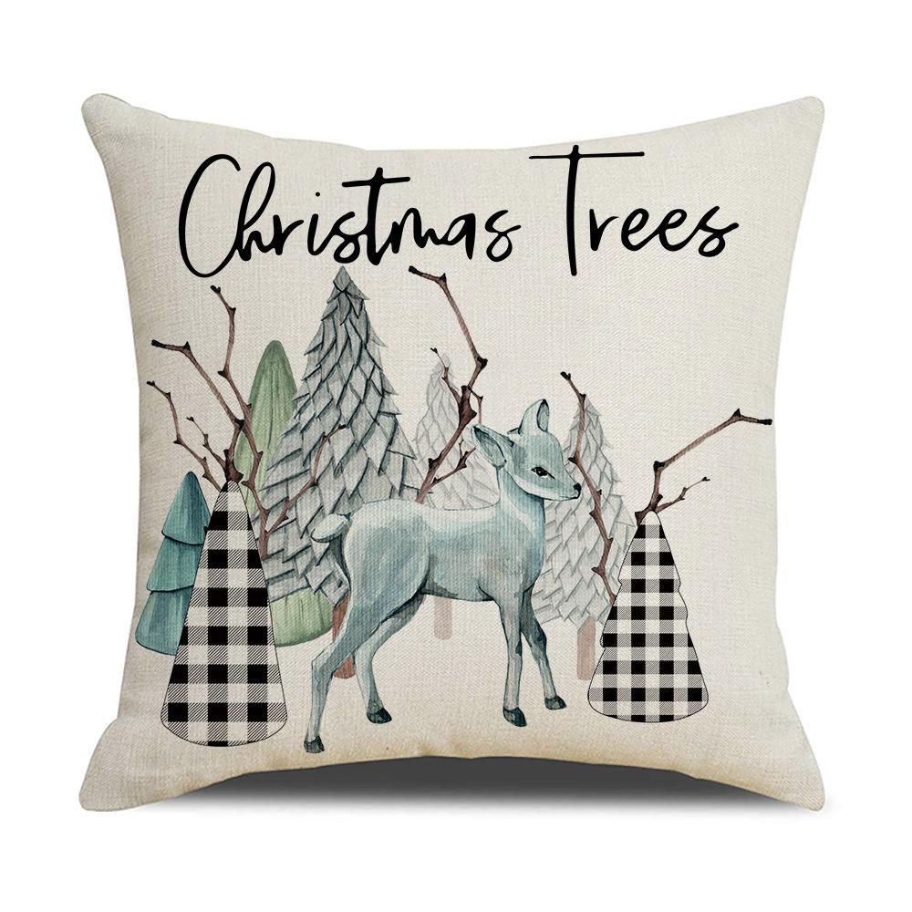 Red and Black Plaid Christmas Pillow Holiday Pillow Cover Linen Cartoon Print Holiday Cushion Cover