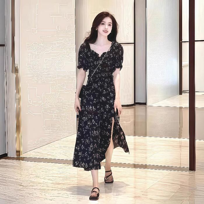 Floral Dress Women's Summer New French Bubble Sleeves Large Size Black Split Ends Waist and Thin Long Skirt