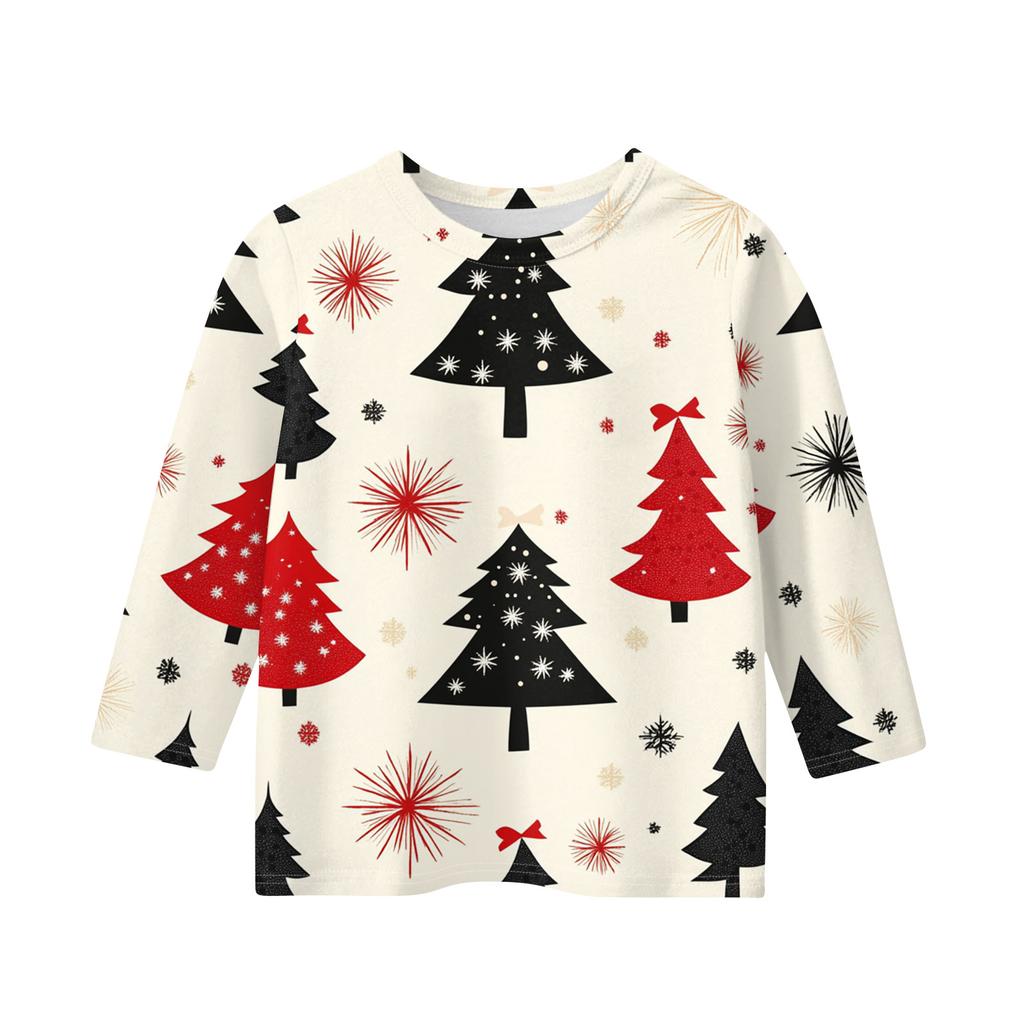 Christmas Day Print Tops For Youth Girls 5-16 Years Round Neck 3/4 Sleeves T-Shirts Trendy Tops Outfit Tees