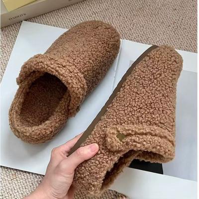 Fashion 2024 Spring and Autumn New Round Head Solid Color Hairy Face Women's Two Wear Cotton Slippers Comfortable Flat Shoes for Women