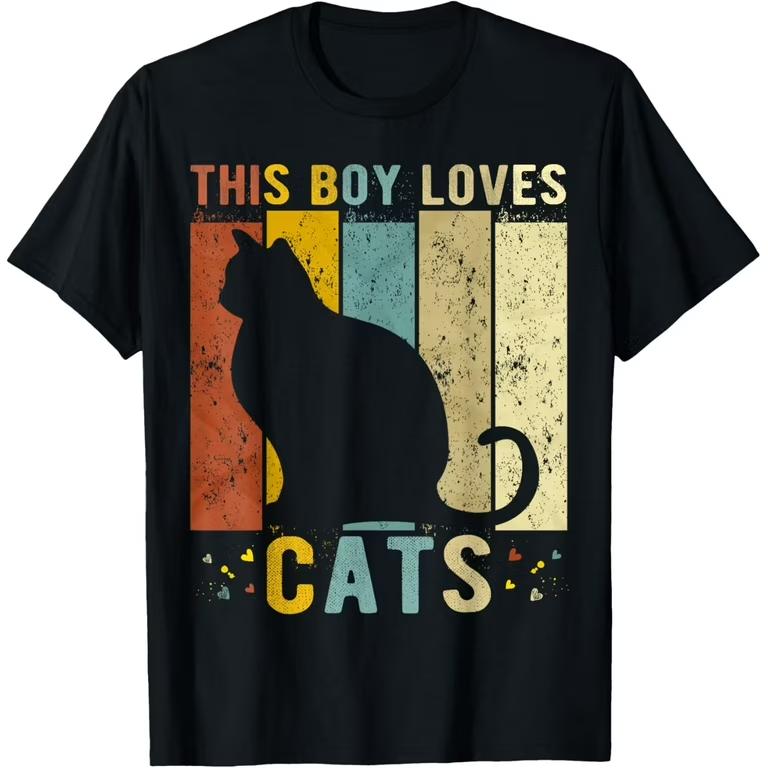 TShirt This Boy Loves Cats Retro Vintage Cat Print Silhouette Graphic Tee for Cat Lovers Unisex Boys Casual Short Sleeve Top