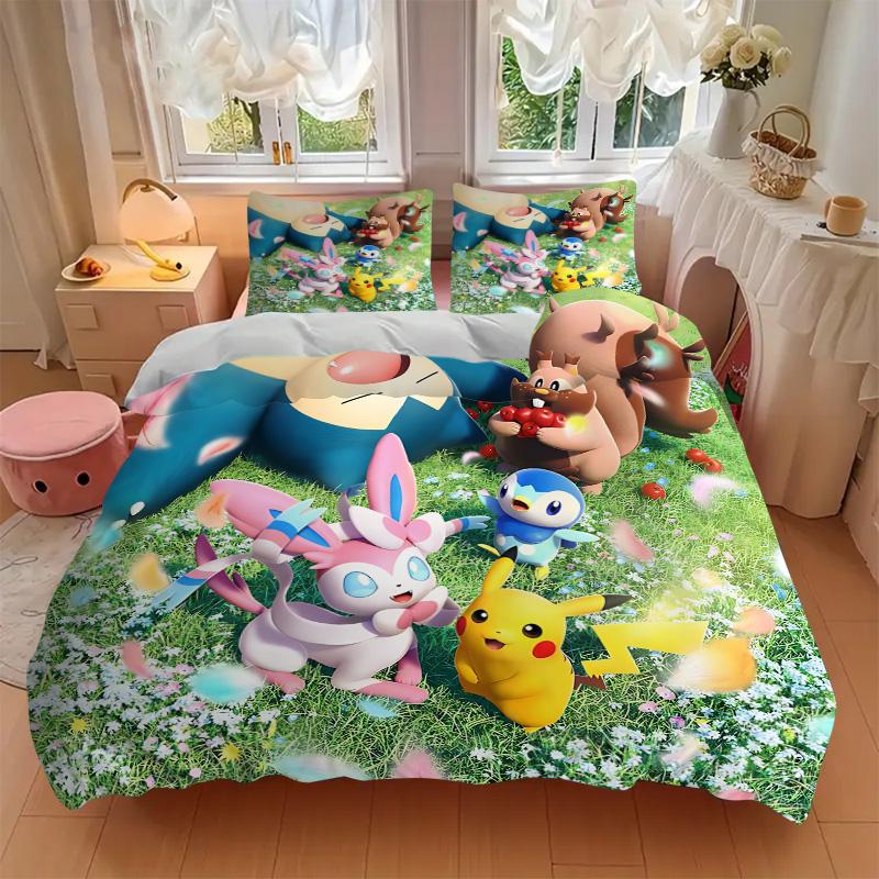 Meadow Pokmon Friends Print 3Pcs Bedding Set,Duvet Cover with 2 Bedro,Pillowcase Home Birthday Gift