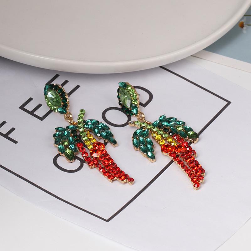 Pinkdudu Chili Pepper & Leaf Earrings Bold Red & Green Rhinestone Studs Fashionable PD1017