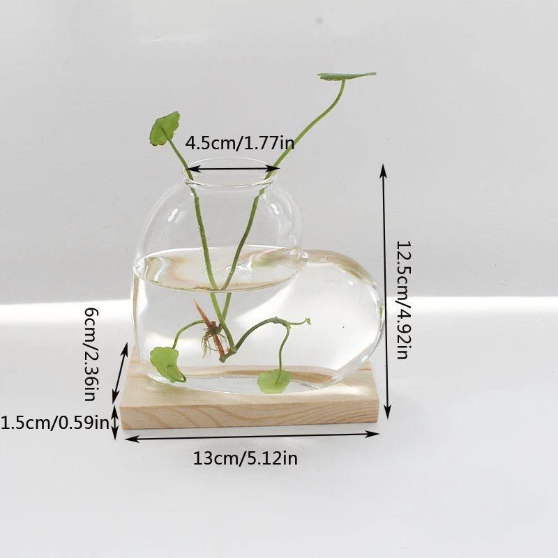 Transparent Hydroponic Glass Vase with Wooden Stand Love Shaped Minimalist Decor for Home Tabletop Living Room Ornament