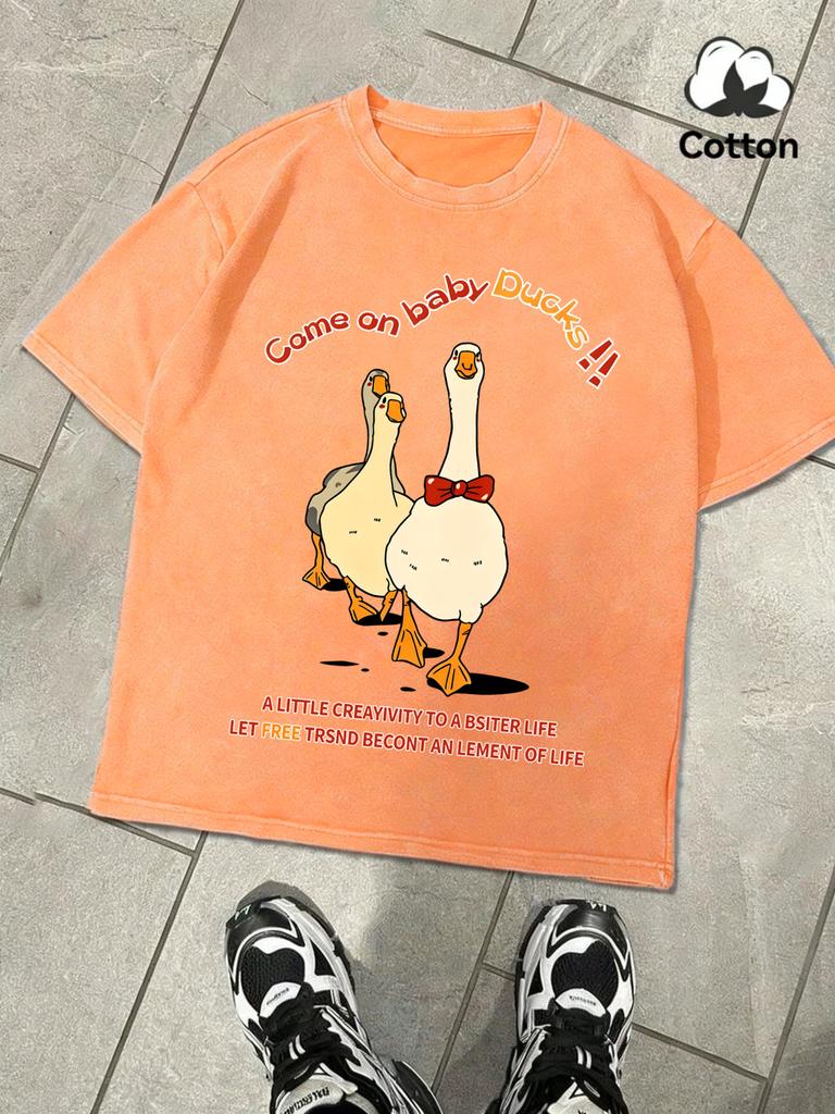 Come On Baby Duck Design Washed Mens TShirt Summer Casual Retro Cotton Top Snow Wash Tees Unisex Loose ONeck Streetwear