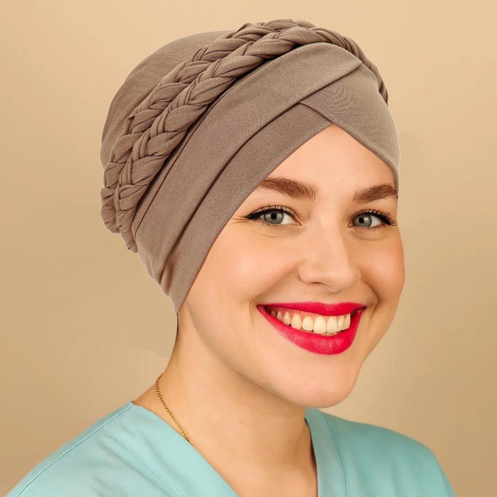 Solid Color Muslim Turban Hat Single Color Milk Silk Two Braids Headscarf Hat