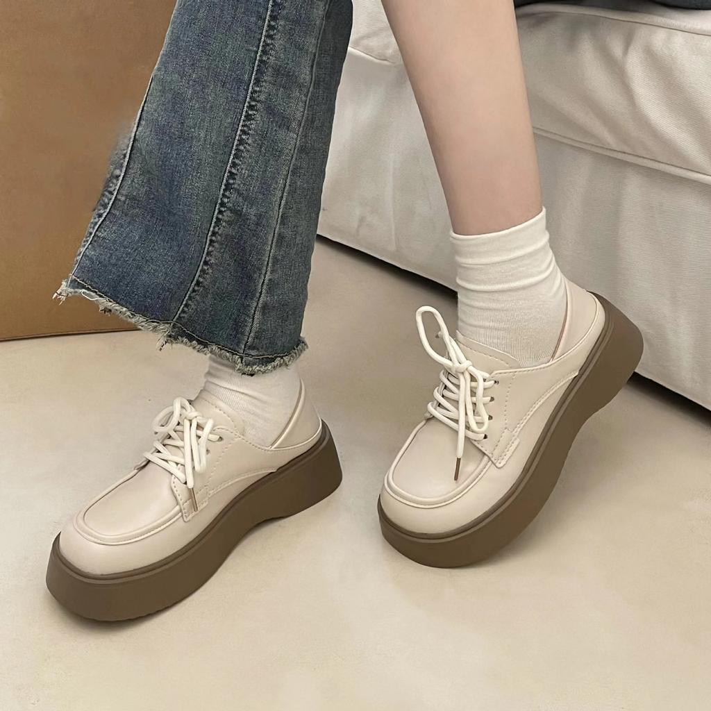 Kleine Lederschuhe Damen  Neuer Einzelschuh Plateau Muffin Schleife Runde Spitze Mode Mary Jane Schuhe Damenschuhe