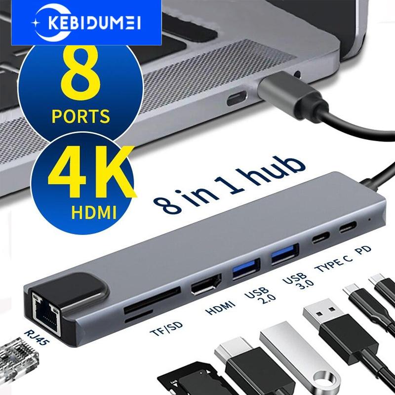 8-in-1-Dockingstation Typ C, USB-C-Hub Typ C auf 4K HDMI RJ45 Ethernet-Adapter, USB 3.0-Splitter, PD 87 W, Schnellladung, SD/TF-Kartenleser für Laptop-PC