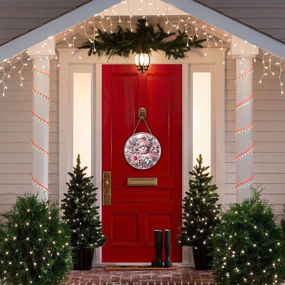 Pink Snowman Poinsettia Christmas Round Wooden Hanging Sign, 2D Flat Printed Front Door Decor, Winter Floral Xmas Wall Ornament Gift