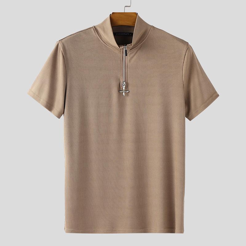 

INCERUN Мужские футболки на молнии с высоким воротом, с коротким рукавом, однотонные, повседневные, приталенные 5XL