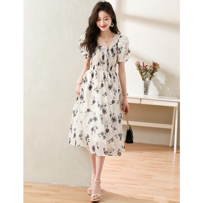 Platycodon style square collar floral dress summer popular women s clothing Mori temperament vacation super fairy princess dress S чёрный