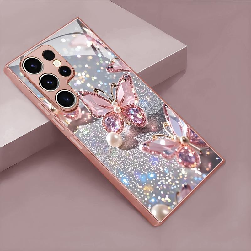 Sparkling Diamond Pearl Butterfly Glass Phone Case Suitable for Samsung Galaxy S26 S25 S24 S22 S21 S20 FE Ultra Plus Anti Drop