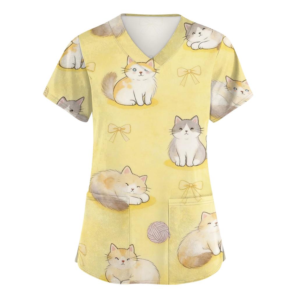 Women's V Neck Short Sleeve Work Top with Pockets Animal Print Scrub Shirt for Healthcare Professionals Medical Uniform