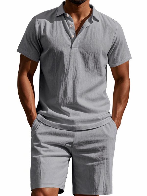 Men's Summer Sporty Cotton Linen Two-Piece Set: Breathable Short Sleeve Polo Shirt & Lapel Shorts