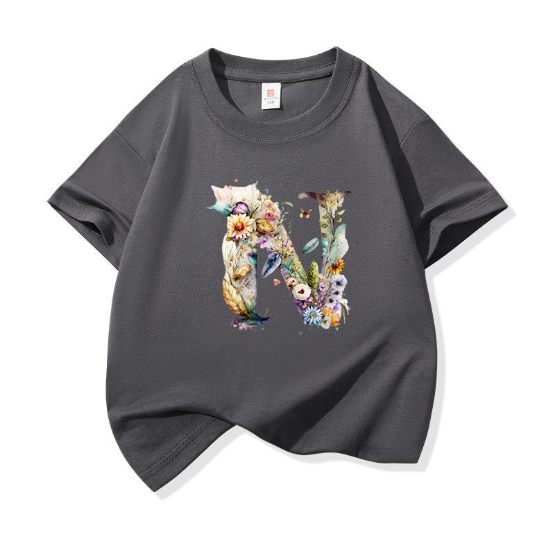 Kids Cotton T Shirt Floral Letter N Print Crew Neck Short Sleeve Tee Casual Boys Girls Summer Tops