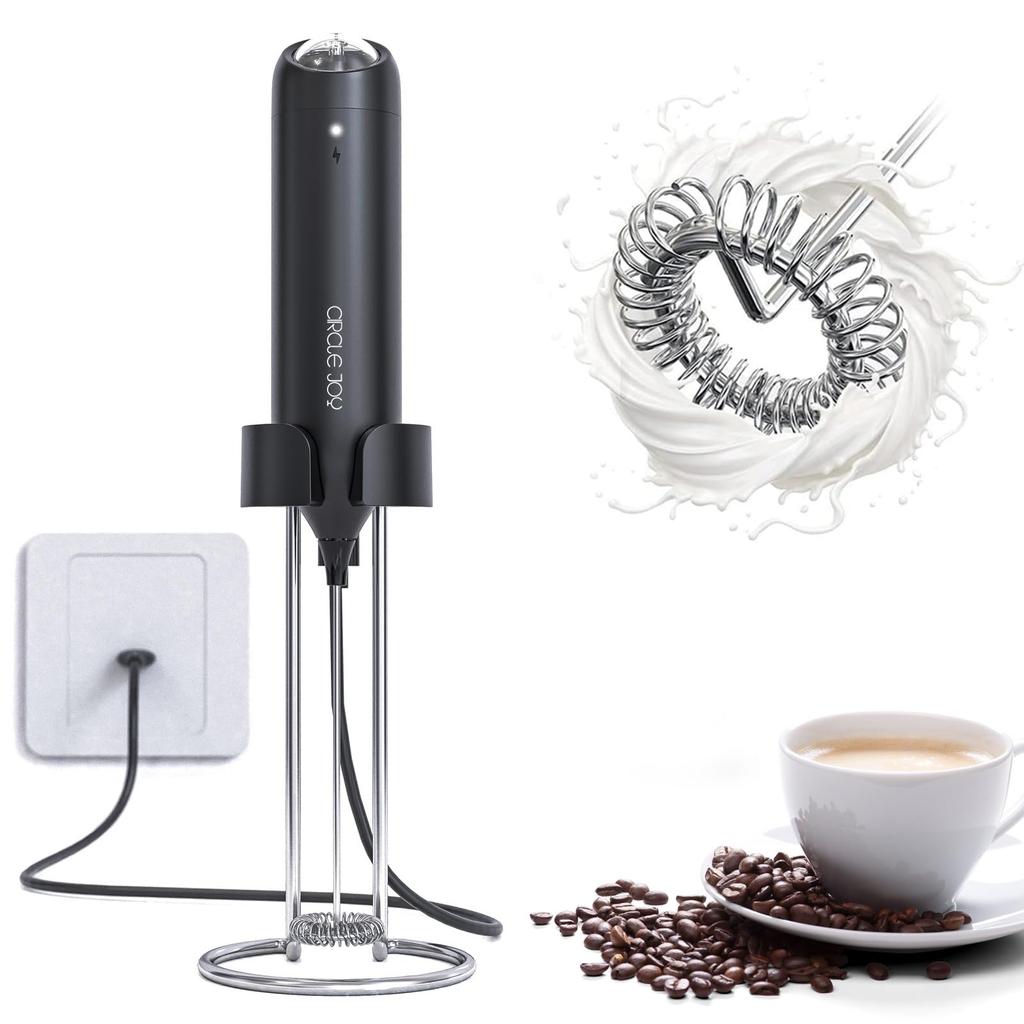 CIRCLE JOY Wall-Mounted Milk Frother, Rechargeable Milk Frother, Electric Mini Drink Mixer with 2-in-1 Stainless Steel Stand, for Coffee, Cappuccino,