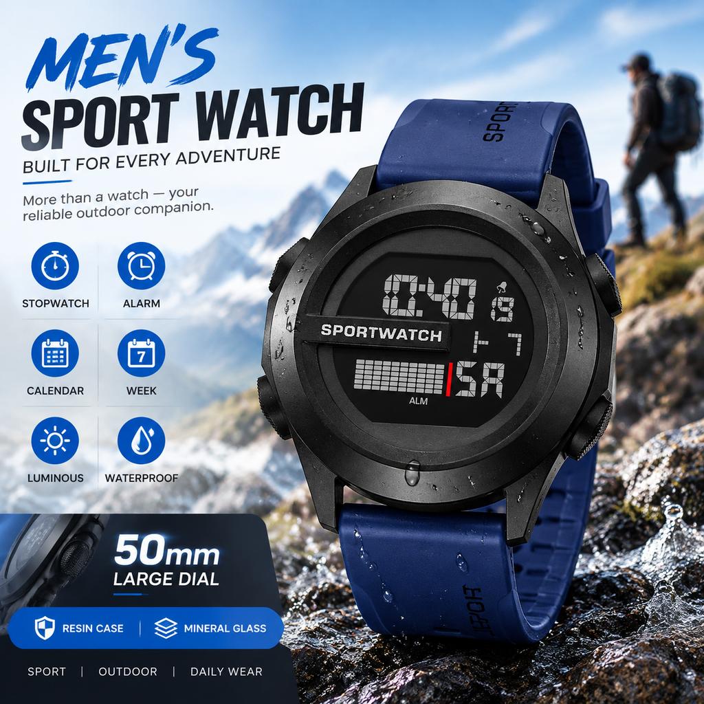 Men's Multifunctional Digital Watch Waterproof Luminous Sports Wristwatch