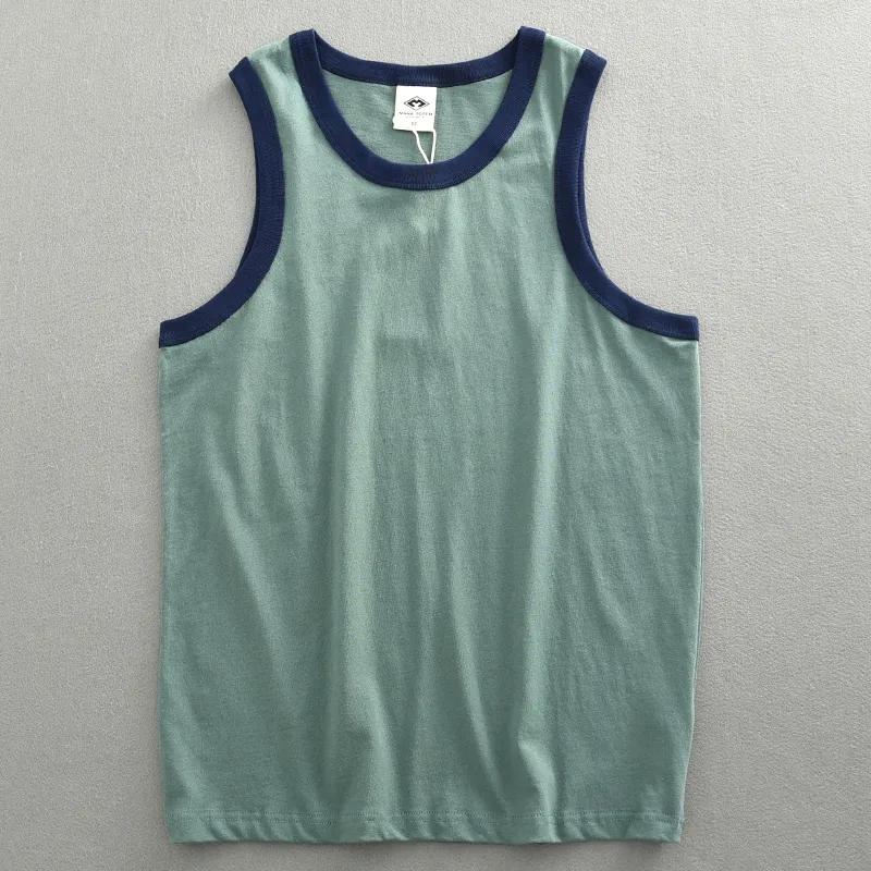 

Men Blue Orange Contrast Trim Crew Neck Sleeveless Tank Top L зелений