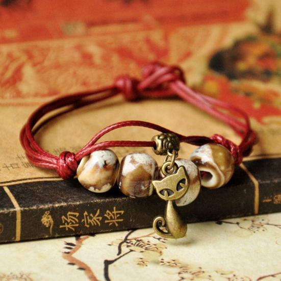 Ethnic Leaf Cat Charm Ceramics Beaded Bracelet Women Handwoven Jewelry Gift
