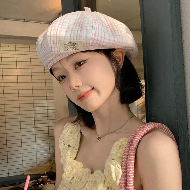 Japanese Style Pink Plaid Beret Hat Women Spring New Fashion Face Slimming Painter Octagonal Cap