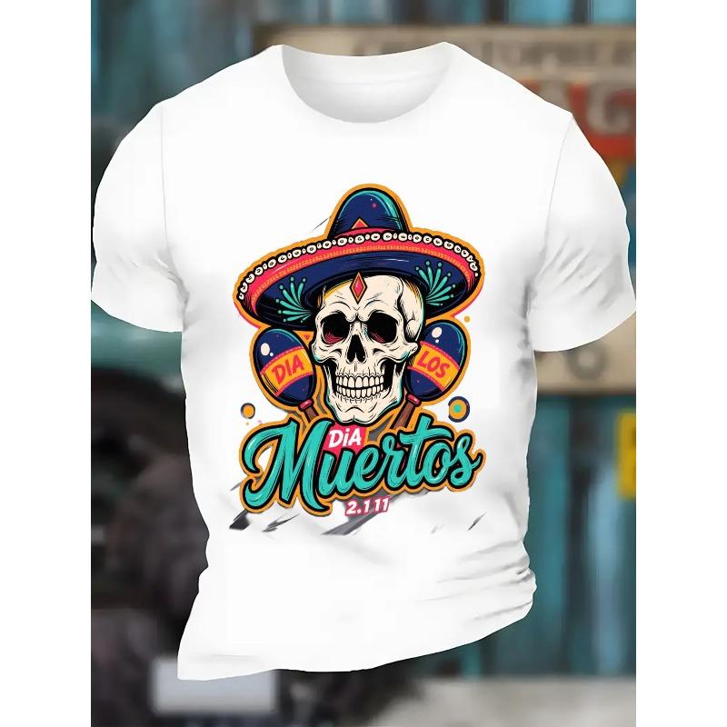 

European sizes Men s T-Shirt - Soft Breathable Crew Neck Tee with Skull - Graphic Shirt for Halloween - Mexican Cultural Apparel Gift 4XL