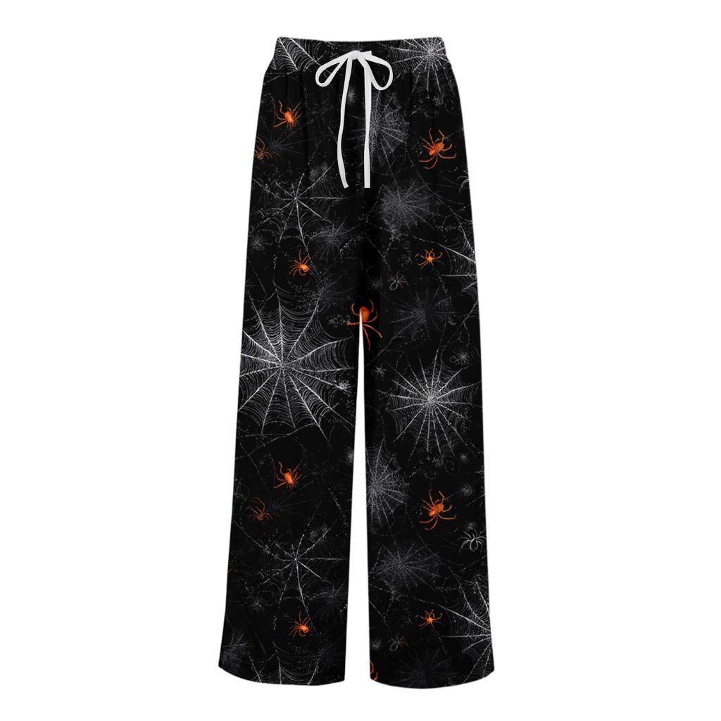 Ladies' Loose And Casual Halloween Printed Wide Leg Pants With Elastic Waistband Drawstring And Pocket Pants