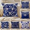 Ethnic Style Blue Floral Cushion Cover Silky Short Plush Sofa Pillow Cover Hidden Zipper Soft Dustproof Case for Home Decor