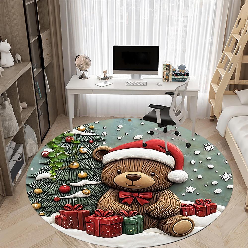 1PC Christmas Bear Office Round Area Rug, Mat Suitable For Office, Under Office Chairs Bedroom Living Room Home Decor, Room Deco