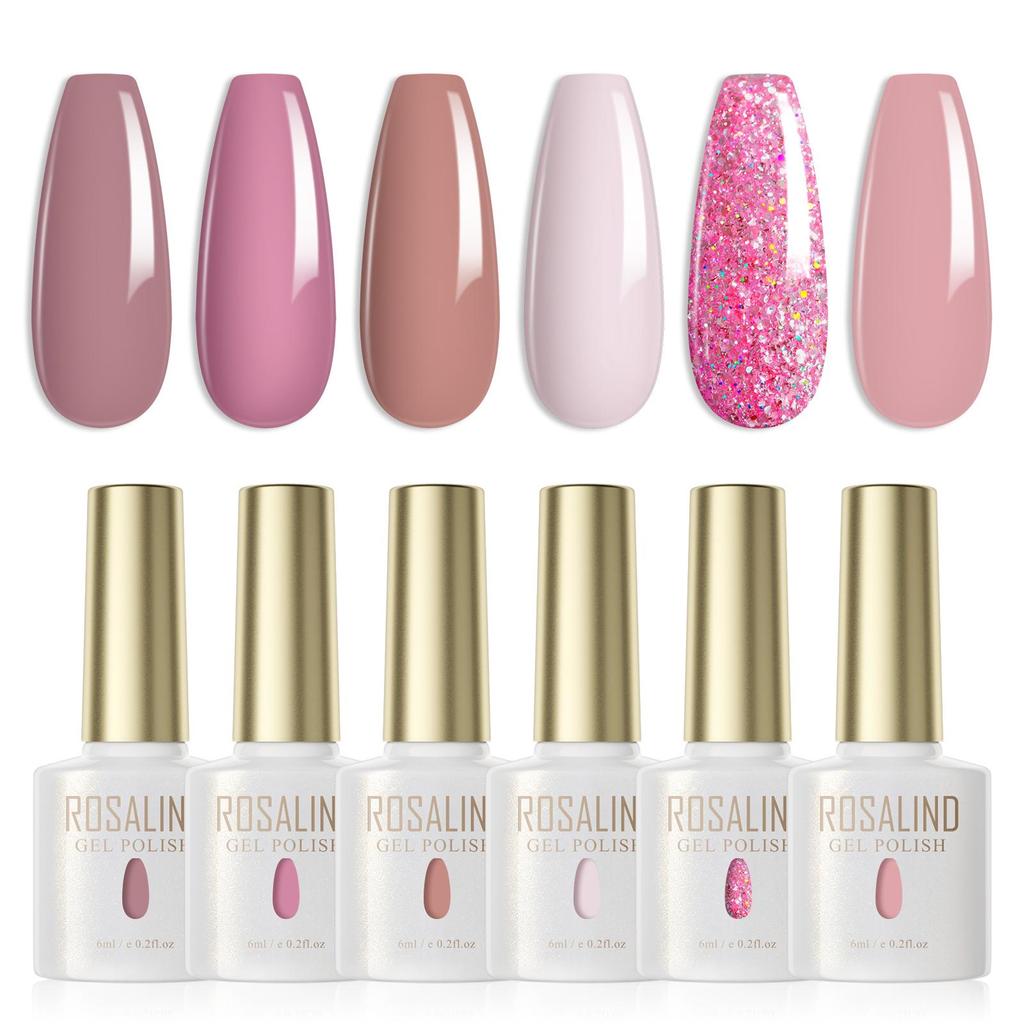 Rosalind Gel Nail Polish Set 6PCS Mini 6ml Pure Color Gel Base Bonding and Top UV Light Nail Art Nailplies.