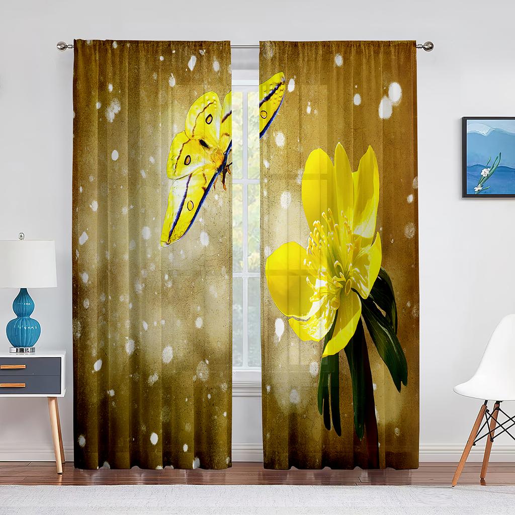 Spring Blue Floral Butterfly Sheer Curtain for Living Room Bedroom Home Kitchen Chiffon Tulle Curtains Window Treatment Decor