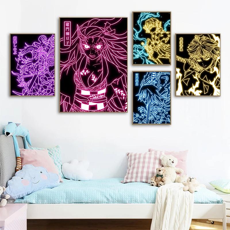 Poster Stile Neon Pittura su Tela Figura Cartone Animato Anime Giapponese Arte Murale Immagine per Soggiorno Decorazione Casa Senza Cornice