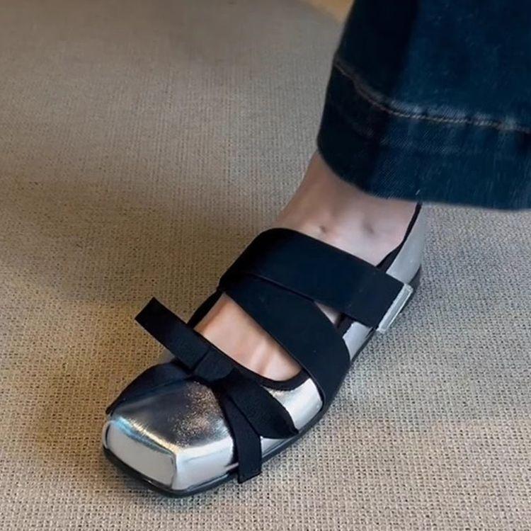 

Ballet style 2025 spring and autumn retro flat Mary Jane shoes women s bow square head cross buckle shoes light mouth single shoes 40 срібний