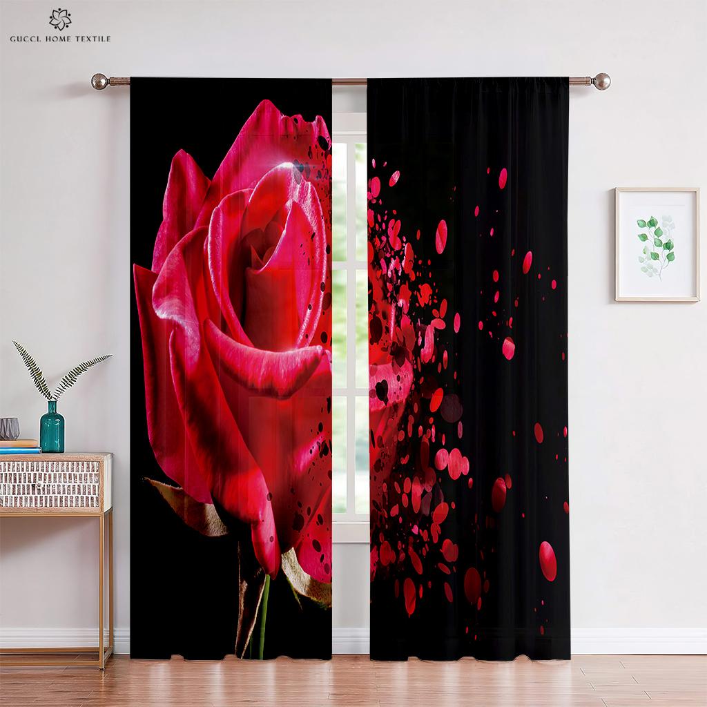 Romantic Red Rose Floral Curtains, Retro Style, Bedroom, Living Room, Study, Kitchen, Custom Home Decoration, 2 Pcs