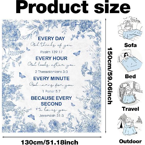 Christian Gifts for Women, Religious Blue Floral Throw Blanket, Bible Verse Pirational Gifts for Girls Daughter Mom Sister Jesus Prayer Home Bed Sofa