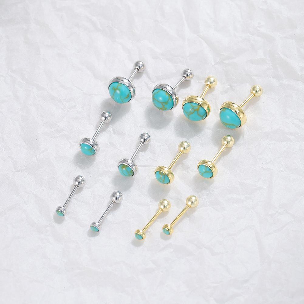 Rinntin GME52 925 Sterling Silver Turquoise Stud Earrings Women Gold Plated Round Minimalist Ball Piercing Boho Jewelry