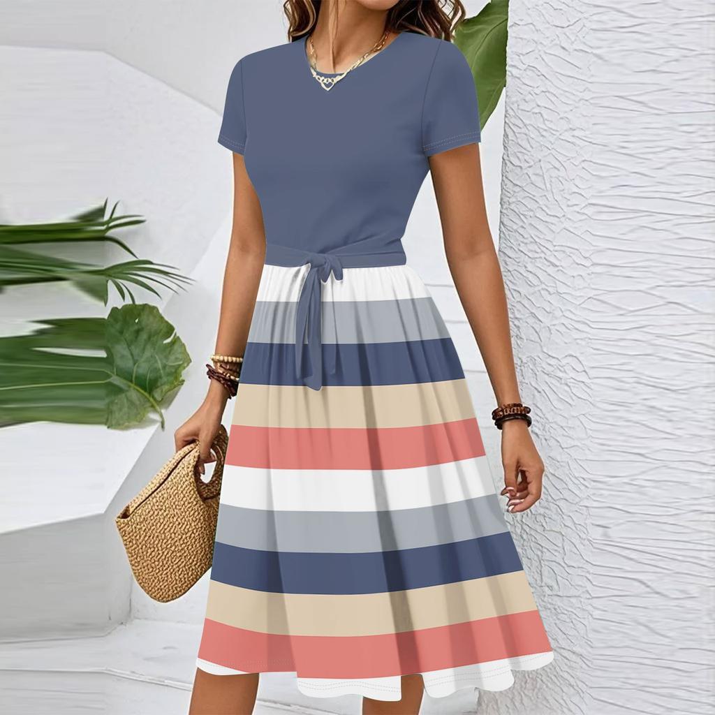 Women's Casual Fashion Belted Striped Printed Short Sleeve Round Neck Elegant Flowing Dress