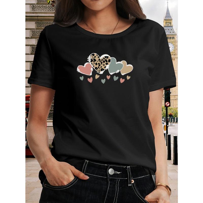 European Size Women'S Leopard Print Heart Pattern Short-Sleeved T-Shirt | Vibrant Color Print, Casual Round Neck, for Spring and Summer, Everyday Wear