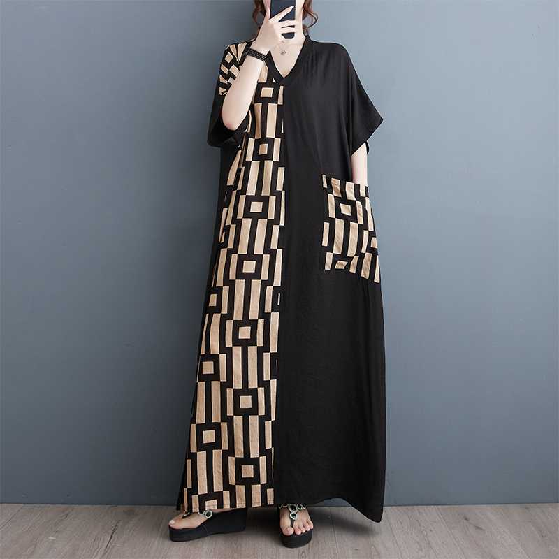 Summer New Printing Thin V-neck Short-sleeved Color Collision Splicing Black Long Dresses