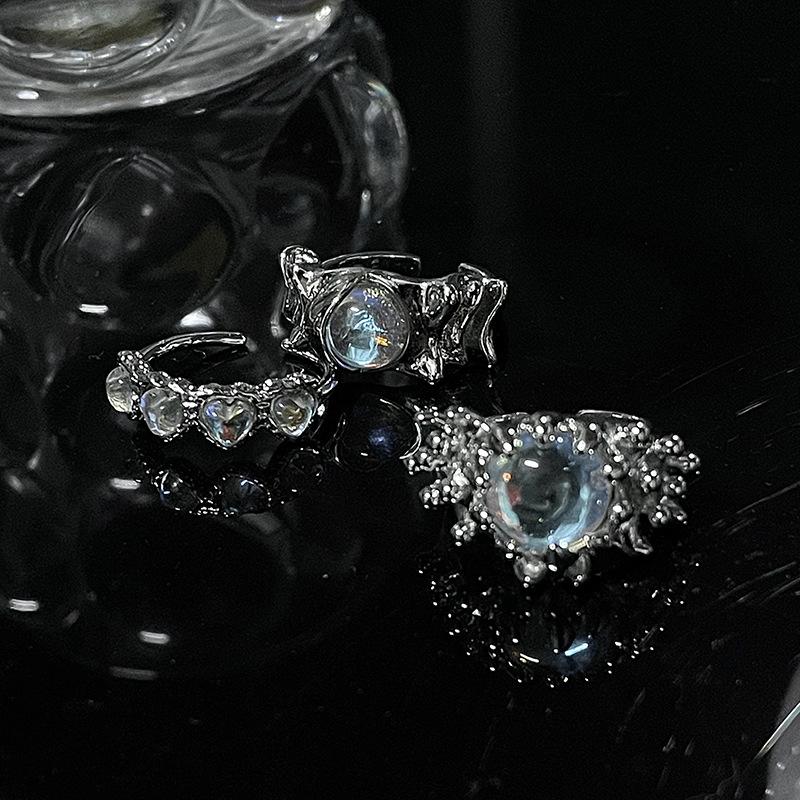 Moonstone Love Heart Irregular French Liquid High Sense Open Ring Female Personality Gemstone Texture Ring