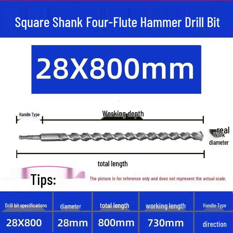 Extended Electric Hammer Drill Bit, Square & Round Shank, for Concrete Piercing - Available in 500mm to 2m Lengths